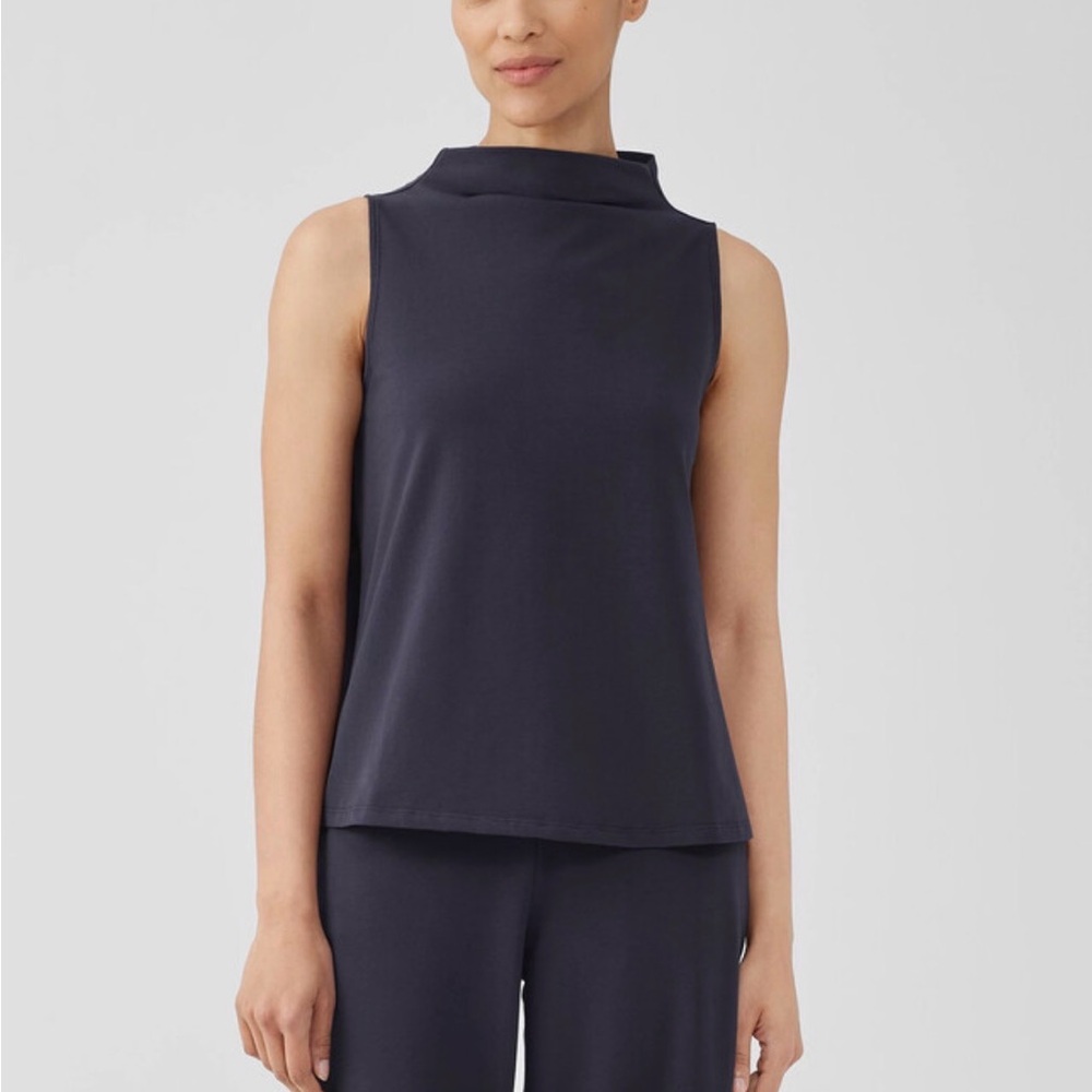 Eileen Fisher Pima Cotton Stretch Jersey Funnel Neck Tank charcoal blue small